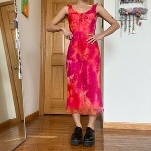 Vibrant Midi Dress - Floral Hibiscus Pattern, Pink and Orange Sleeveless Dress